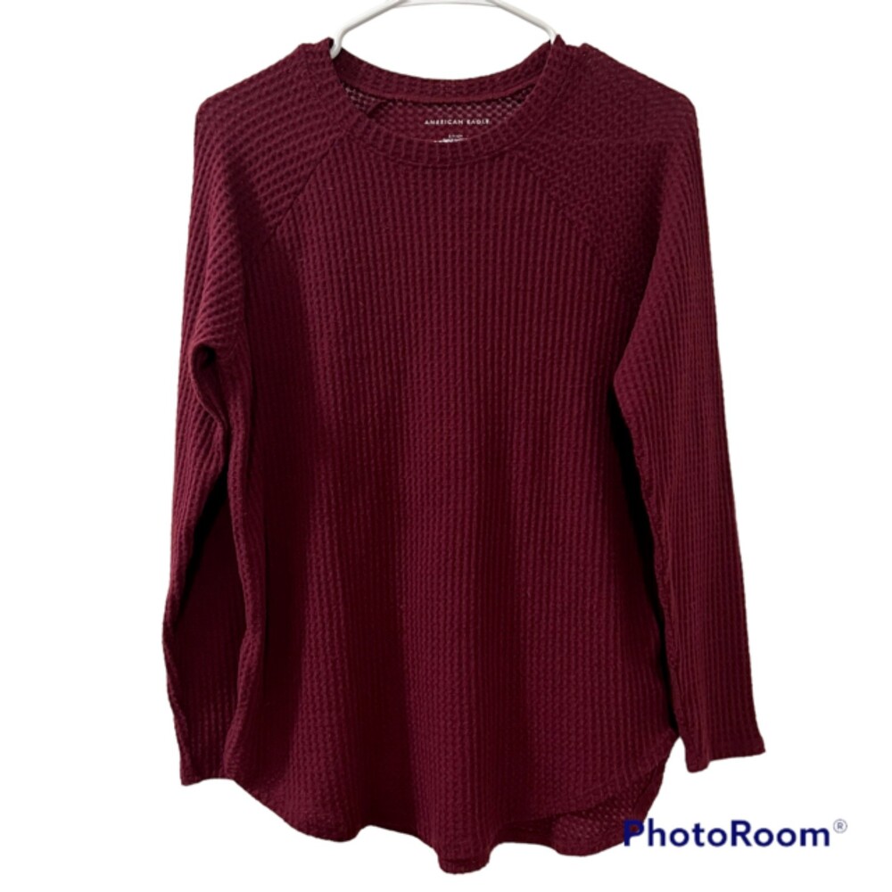 American Eagle Womens Burgundy Waffle Knit LS Shirt Thermal Sweater Size Small